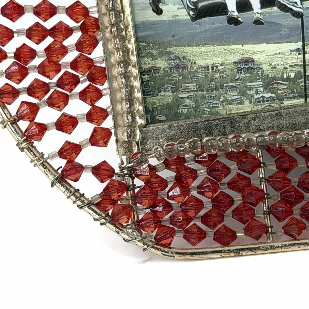 Vintage Purse Red Beaded Gold Tone Metal Picture Frame